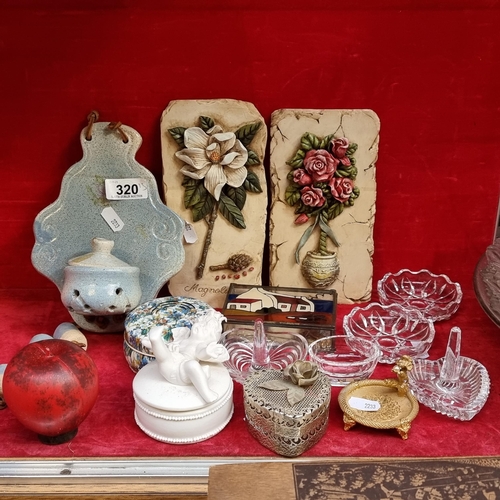 320 - A mixed lot of 13 items including a gorgeous painted glass box, crystal ring holders and trinket dis... 