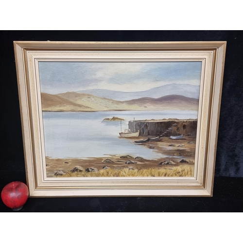 61 - A lovely vintage oil on board painting featuring a coastal landscape scene in sepia tones. Signed Ma... 