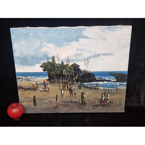 63 - A wonderful original oil on canvas painting featuring a coastal scene of a large number of figures p... 