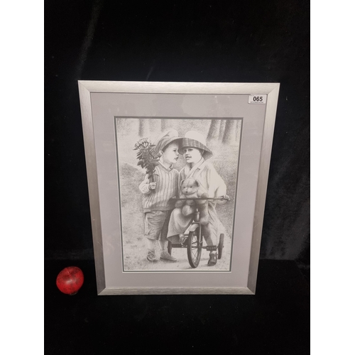 65 - A hand-signed print of a pencil sketch featuring two young children, one riding a tricycle with the ... 