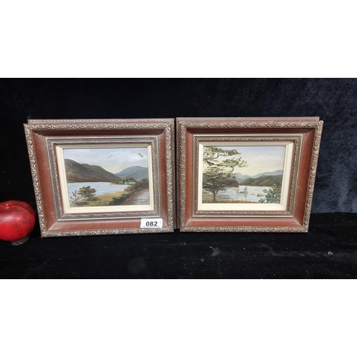 82 - A charming pair of vintage oil on board paintings featuring lakeside landscape scenes. Both signed R... 