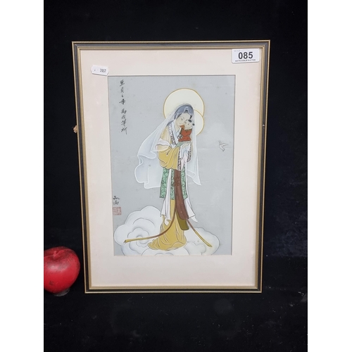 85 - A delicate Chinese gouache on silk painting. Features a Madonna and child with the Chinese calligrap... 