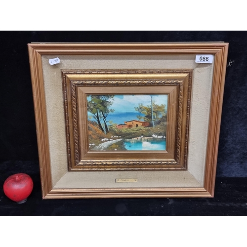 86 - A wonderfully bright oil on canvas painting of a Southern European landscape. Features aqua marine s... 