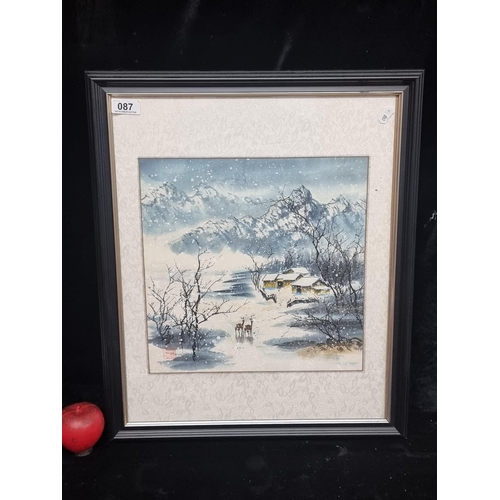 87 - A vintage original ink and gouache on rice paper painting featuring a wintery landscape scene of a s... 