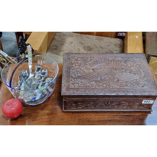 623 - A handsome carved wooden box with storage compartments inside, along with a beautiful glass fruit bo... 