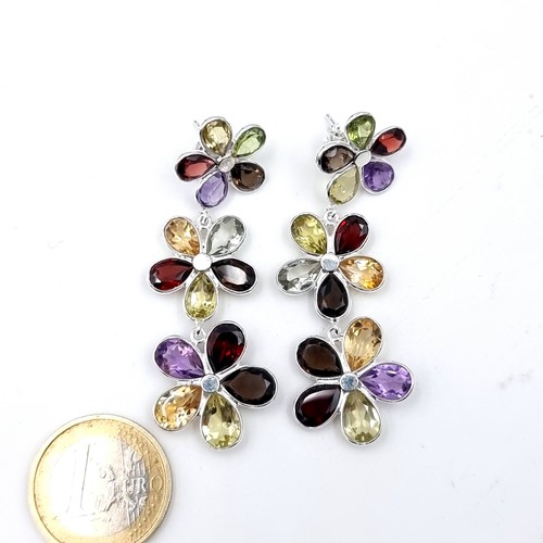 582 - A pretty pair of gem stone drop stud earrings consisting of citrine, peridot and amethyst together w... 