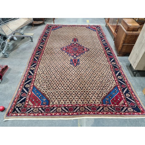 731 - Star Lot : A very large hand knotted wool rug featuring a lattice design and foliate border in shade... 