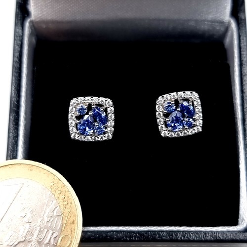 591 - A fine example of a pair of beautiful sterling silver tazanite stud set with a gem stone surround wi... 