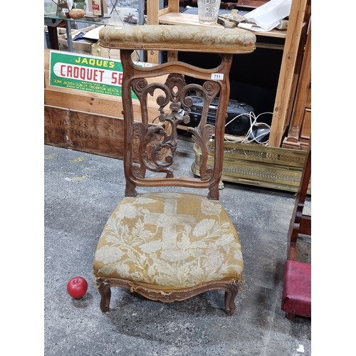 711 - An amazing antique French prie-dieu praying chair with elaborate carved backrest padded armrest and ... 