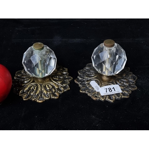 781 - A stunning pair of large antique heavy  brass and cut glass door knobs.