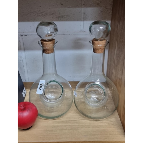 788 - Two antique fabulous hand blown glass decanters with cork stoppers and ice reservoirs. Can be used f... 