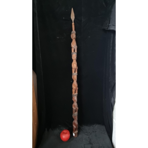 845 - Star Lot : An amazing antique  hand carved African wooden spear, the handle in the form of male and ... 