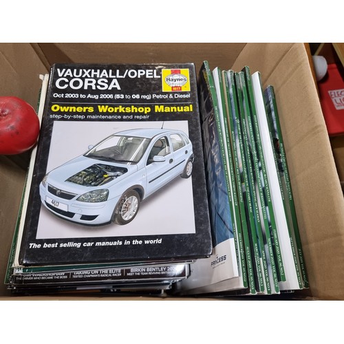 725 - A collection of approx. 35 car magazines and 2 manuals. Including a hardback manual for Triumph Spit... 