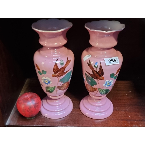 964 - A lovely pair of hand blown Bristol glass vases with beautiful hand painted motif to front showing f... 