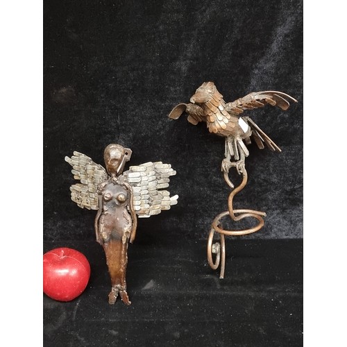 251 - Two unusual abstract cast meal copper toned figures, one in the form of a bird and the other of an a... 