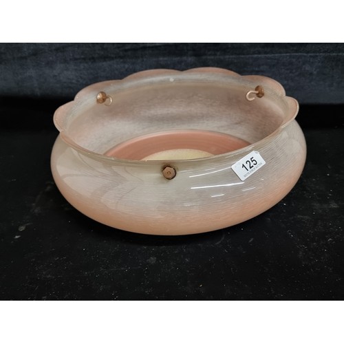 125 - A lovely large Mid Century dome ceiling shade in a delicate pink finish with scalloped edge. With th... 