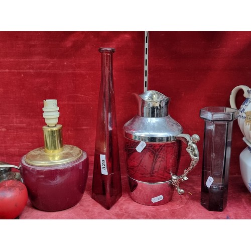 328 - Two stylish 1960s geometric vases in red and smoked glass. Also includes a ruby red wooden table lam... 