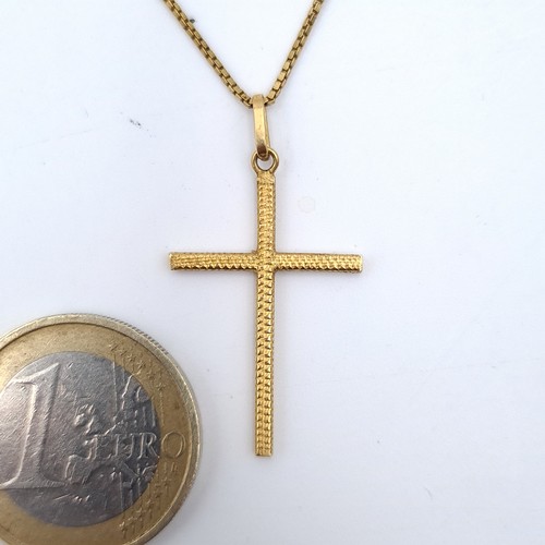 524 - Star Lot : A 18K gold cross pendant with box link chain, length of chain 48cm, weight 3.77 grams.