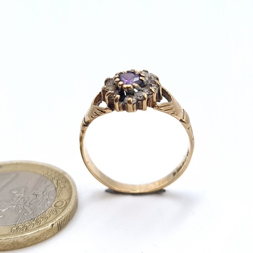 555 - A nice example of a 9K amethyst and gem stone claddagh ring(stone missing), ring size O, weight 2.05... 