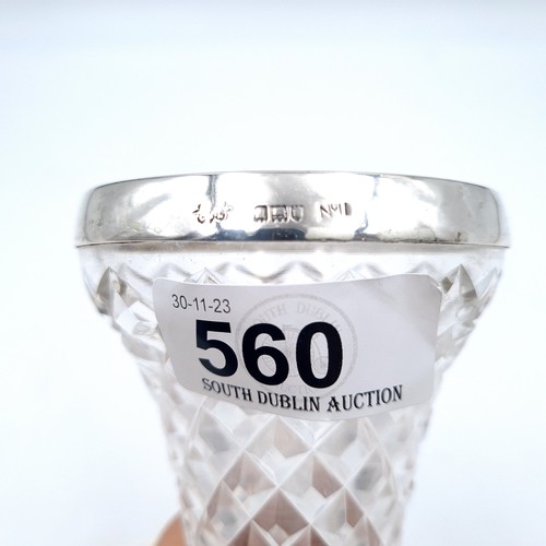 560 - A pretty example of a hobnailed cut sterling  silver rimmed footed bud vase hallmarked London (marks... 