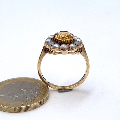 601 - A fine quality 9K gold citrine stone ring with a cultured pearl surround, hallmarks for London, size... 