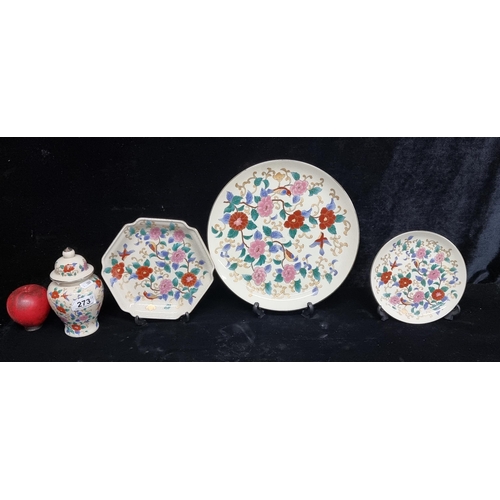 273 - An ornate Chinese porcelain hand painted collection, vibrant floral and bird motifs with lustrous gl... 