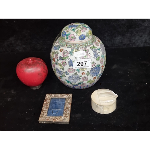 297 - Three items including a beautiful Chinese ginger jar, a mother of pearl trinket box and an antique m... 