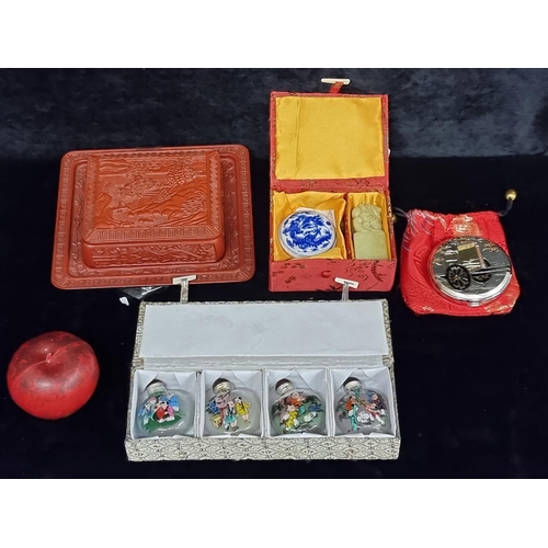 301 - Four Chinese items including a wax sealed set, four hand painted scent bottles, a ladies compact and... 