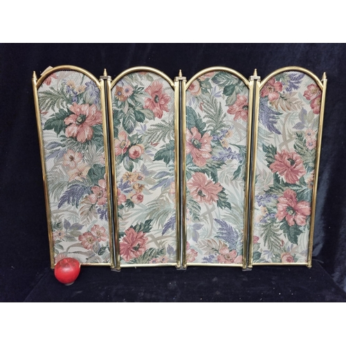 332 - A vintage floral tapestry panel screen, brass frame, adds a touch of classic charm to any room. Fire... 