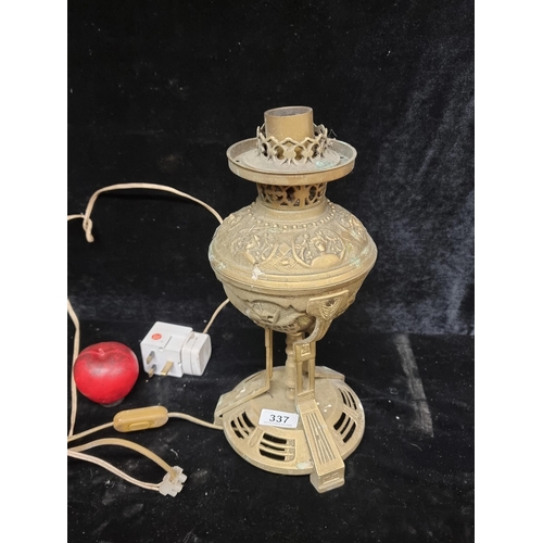 337 - Vintage brass oil lamp converted to electric, featuring exquisite Neoclassical design. Would look am... 