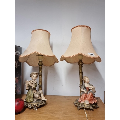 339 - A lovely pair of table lamps featuring figurative bases  gracefully extending into scalloped-edge sh... 