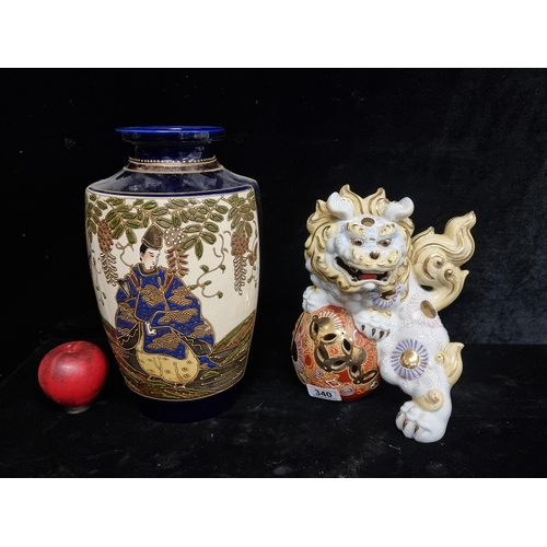 340 - Two items including a beautiful large Japanese vase featuring a Geisha design along with a Kutani Ja... 