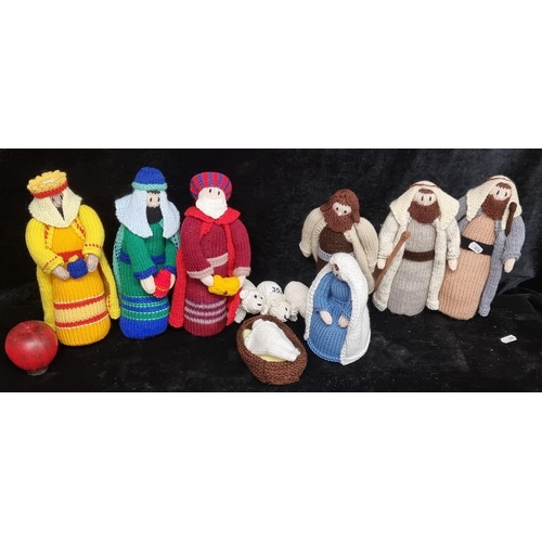 352 - A wonderful nativity collection comprising of hand-crafted knitted figures including baby Jesus, Mar... 