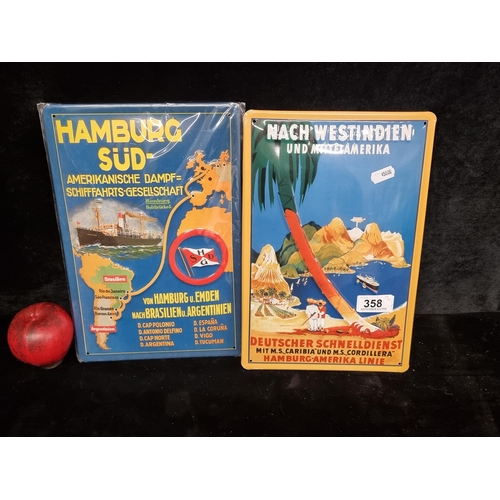 358 - Two vibrant German metal plaques of travelling interest reading 'Hamburg Süd' and 'Nach Westindien' ... 