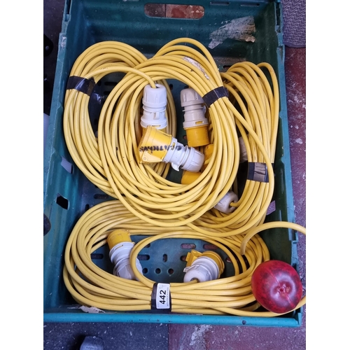 442 - Four Robust 110v  industrial-grade extension cords, featuring durable yellow coating and heavy-duty ... 