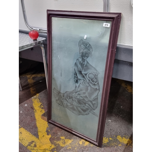 475 - AN Elegant etched glass asian woman in contemplative pose, framed in a mahogany frame.