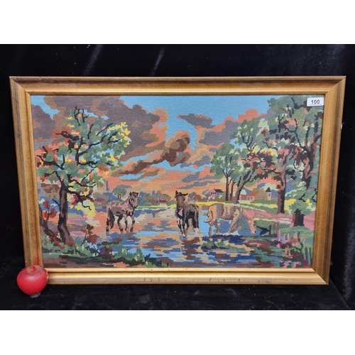 100 - A nostalgic needlepoint tapestry artwork featuring a colourful landscape with ponies. Housed in a gi... 