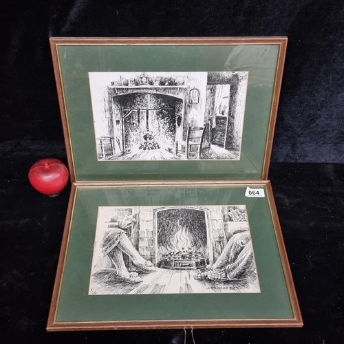 64 - A pair of vintage plate etchings of cosy cottage fire side scenes. Signed John Halksh bottom right a... 