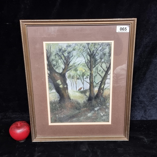 65 - An atmospheric chalk pastel on paper drawing featuring a shadowy woodland landscape. Signed J Timlin... 