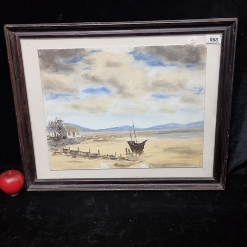 68 - A tranquil oil on board landscape painting featuring a coastal scene with figures and boat.  Housed ... 