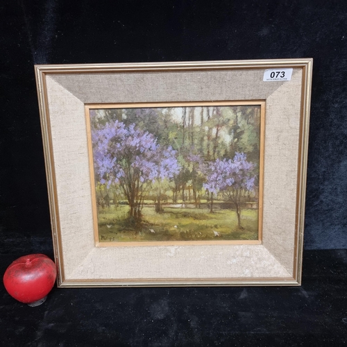 73 - An original oil on board painting featuring a woodland landscape with purple Buddleia bushes in full... 