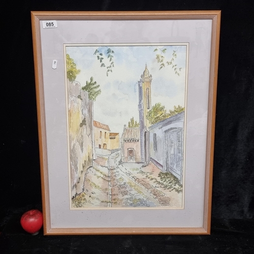 85 - A charming graphite and watercolour on paper painting. Features a cobbled street and church. housed ... 