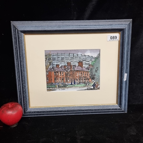 89 - A brilliant Pete Hogan (Irish) pen and ink on paper painting of the Avia Stadium on Sandsdown Road, ... 