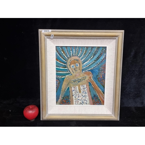 94 - An original oil on board painting featuring a naive figure with radiating background. Signed Sidine ... 