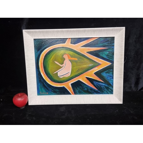 95 - A fabulous surreal oil on board painting featuring a figure within a fiery teardrop. Signed Sidine b... 