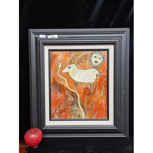 96 - A wonderful original oil on board painting featuring African animal figures and titled 'Traveler'. S... 