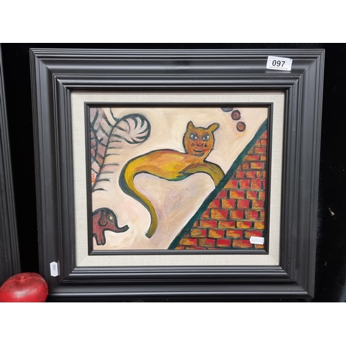 97 - A striking original oil on board painting titled 'Sheet-Gold' and dating to 2006. Features a Cheshir... 