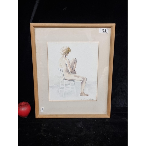 122 - A serene watercolour on paper painting featuring a a seated nude life drawing. Signed L. Manahan bot... 