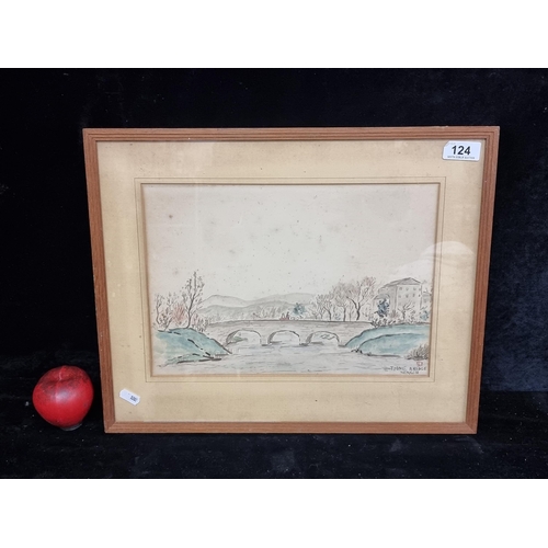 124 - A sweet early 20th century antique pen and ink wash on paper painting. Titled 'Tyrone Bridge, Nenagh... 