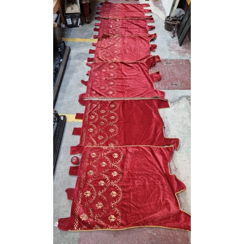 582 - Star lot : A collection of six large plush red velvet heraldic banners for decorating grand halls or... 